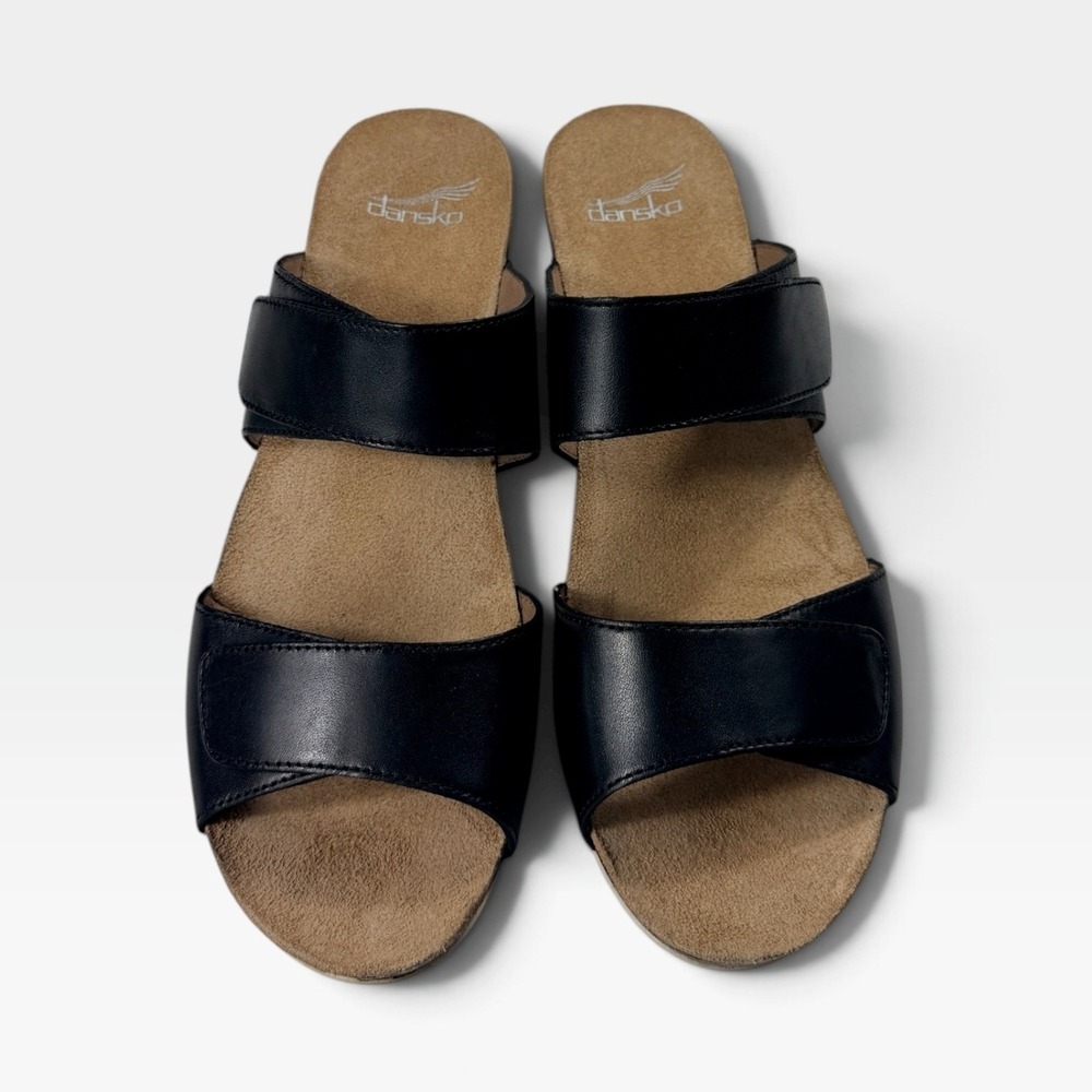Dansko Vienna Slide Sandal Womens 41 Black Full Grain Leather Wedge NEW